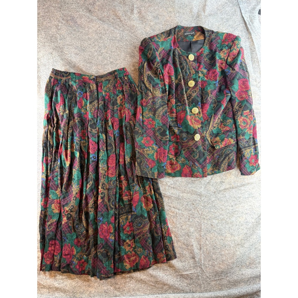 Bentley Harris Skirt 2 Piece Suit Sz S/M Multicolor Floral Paisley Vtg 90s Gold